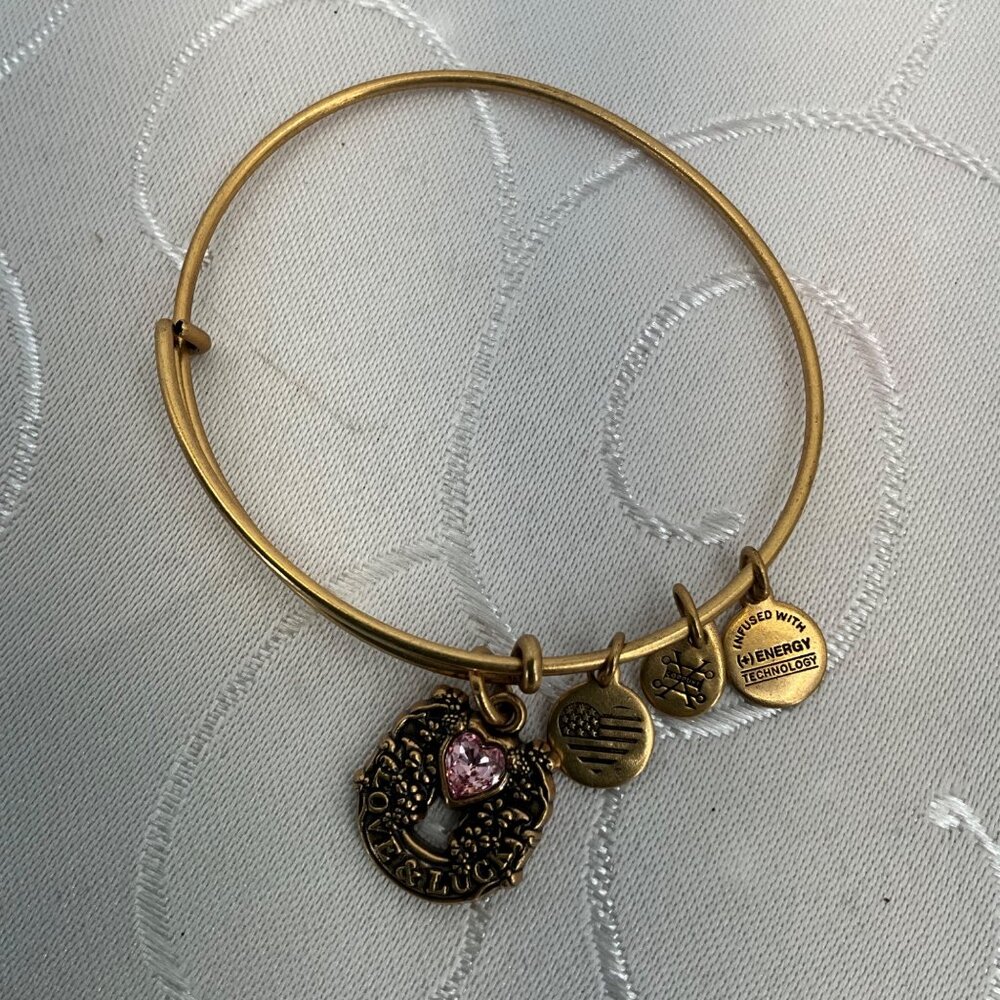 Alex & Ani Gold-Tone Love & Luck‎ Charm Bangle Bracelet With Pink Crystal Heart